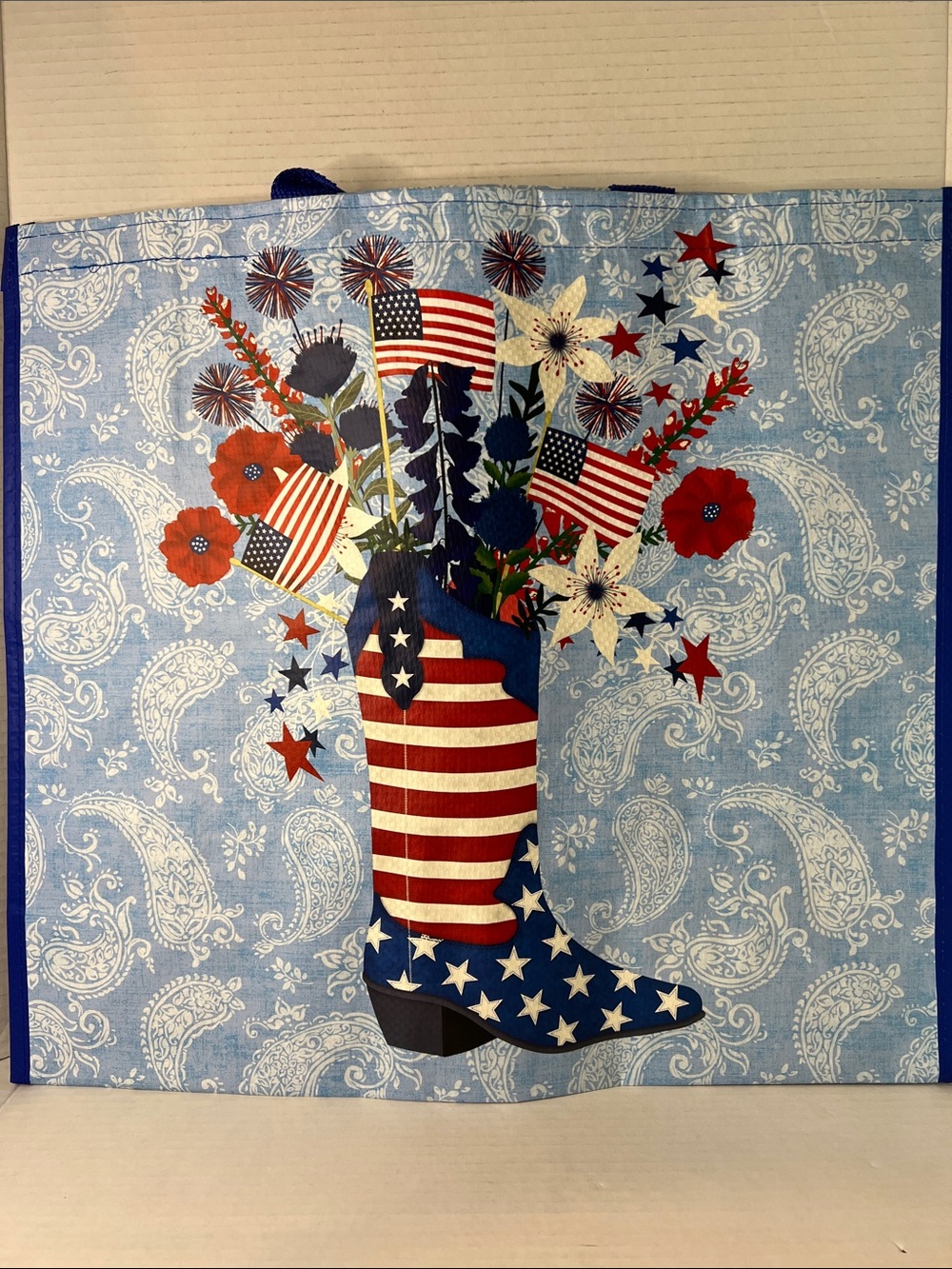 Patriotic USA Cowboy Boot Red White Blue Reusable Tote Bag New